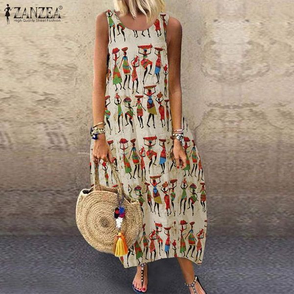 

zanzea 2020 summer women vintage printed dress casual sleeveless sundress loose cotton linen dresses sarafans robe tanks vestido y0118, Black;gray