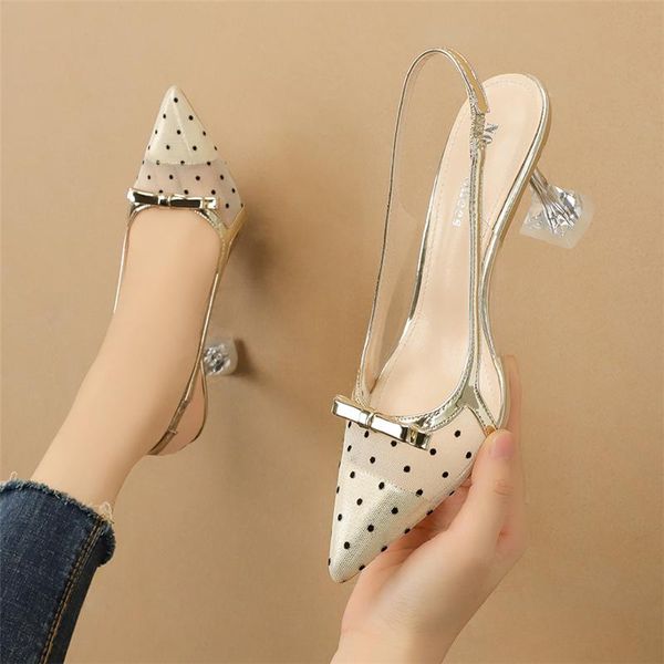 

sandals 2021 fashion women 9.5cm wave point lady gold mesh pumps slingback scarpins perspex heels mules valentine shoes, Black