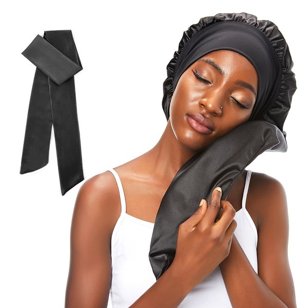 

greatremy extra long silky satin hair bonnet double layer sleep cap with elastic wide band long bonnet for women dreadlocks braids locs curl