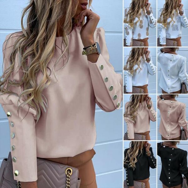 

2020 work wear women blouses long sleeve back metal buttons shirt casual o neck printed plus size fall blouse drop shipping, White