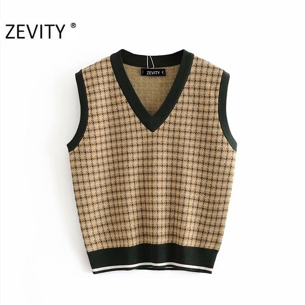 

zevity new women vintage houndstooth print patchwork knitting sweater femme sleeveless chic vest pullover casual retro s422 201130, White;black