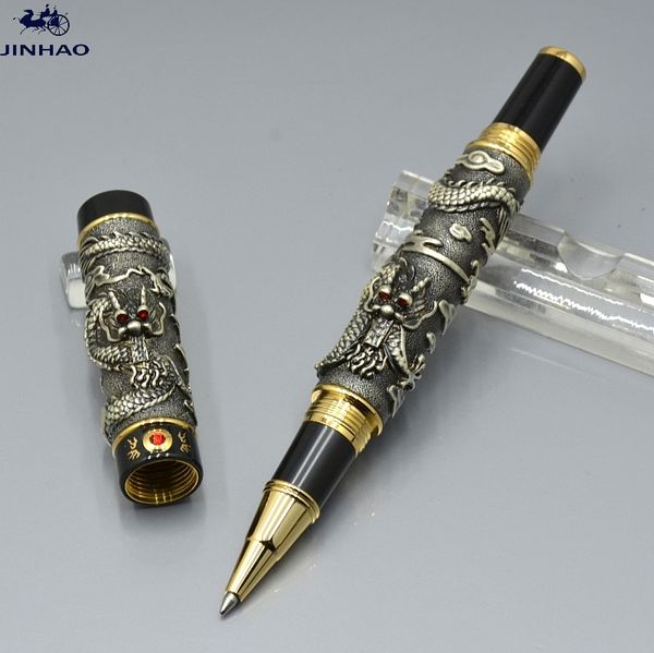 Top Luxury JINHAO Pen Unique Double Dragon Embossment Metal Roller penna a sfera Forniture per ufficio esecutivo di alta qualità Scrittura penne regalo lisce