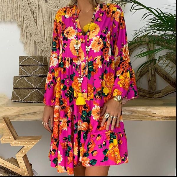 

floral print button detail tunic loose plus size women 2021 summer casual v neck long sleeve blouse s 5xl women long, White