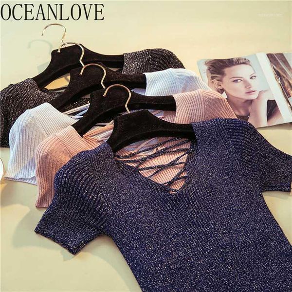 

women's t-shirt oceanlove knitted women solid v neck slim stretch thin t shirt 2021 shining lurex all match spring summer tee 139681, White