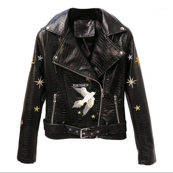 

new black embroidery zipper leather jacket women autumn faux leather imitation crocodile skin slim short coat1