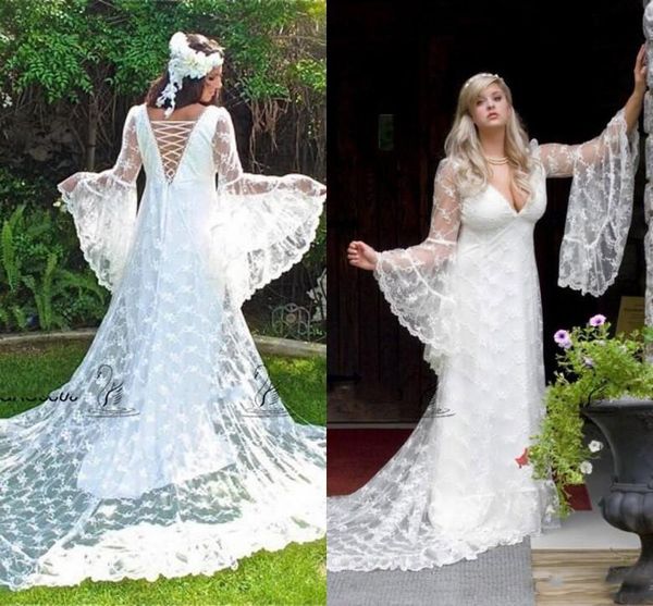 

custom made vintage long sleeves lace gothic wedding dress 2021 a-line boho bridal gown plus size wedding dress robe de mariee, White