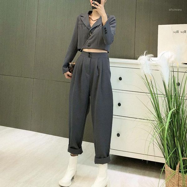 

autumn casual womens blazer suit 2020 bomber long sleeve suit jacket female+button harem pant fashion 2 piece pant set1, White