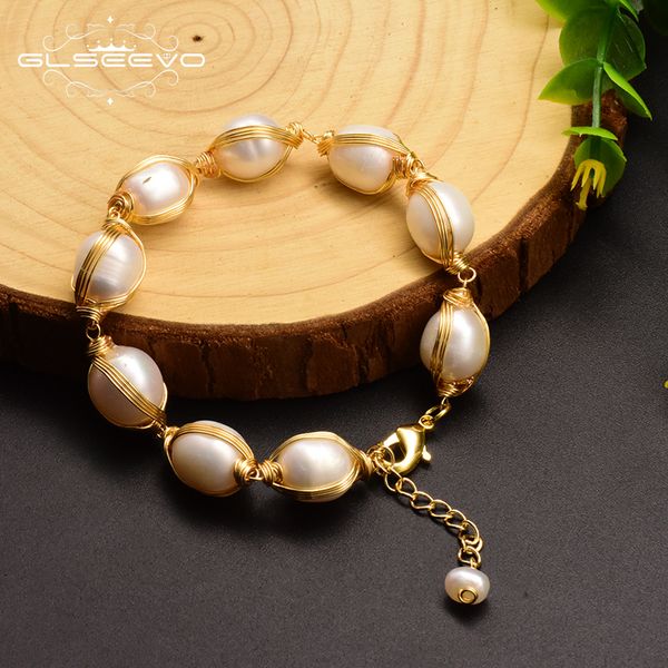 

glseevo natural fresh water pearl charm bangles for women adjustable bracelets pulseras handmade fine luxury jewellery gb0104 q1201, Black