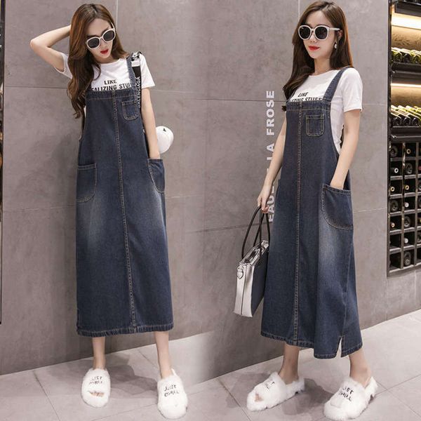 

style korean large loose fat new mm versatile denim strap skirt medium length slim dress women's wear, Black;gray