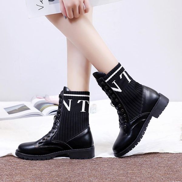 

2019 new boots women fashion cross-tied round toe letter mid-calf sock ankle boot ladies non-slip botas mujer mfeminina1, Black