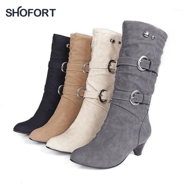 

shofort winter boots 2020 fashion belt buckle plus velvet warm womens boots all-match soft leather mid-tube shoes woman1, Black