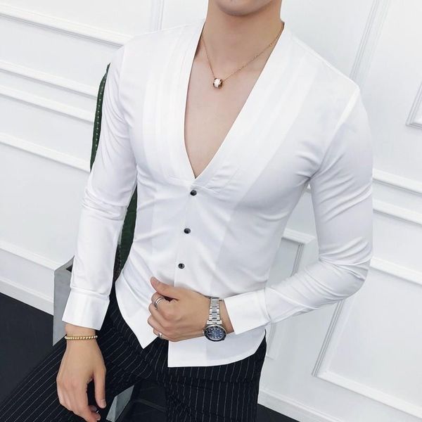 

men's casual shirts deep v collarless autumn long sleeve slim fit pleating dress camisa masculina wine red club party shirt1, White;black
