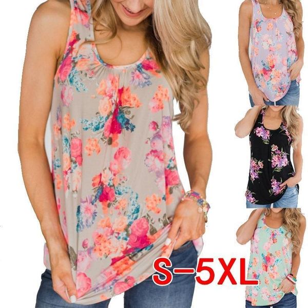 

women u neck floral printed t-shirt summer 2020 fashion sleeveless loose tee shirt plus size s-5xl wdc4435, White