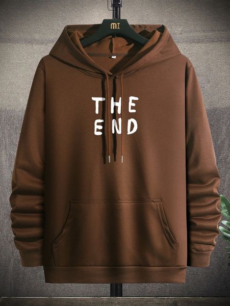 

men slogan graphic kangaroo pocket drawstring hoodie 81bu#, Black