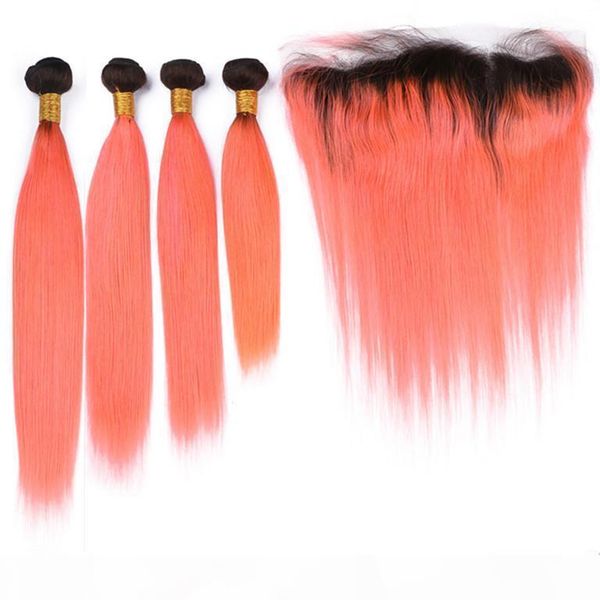 

ombre bundles with closure dark root virgin hair extensions malaysian straight #1b orange ombre weave human hair 4 bundles with lace closure, Black;brown
