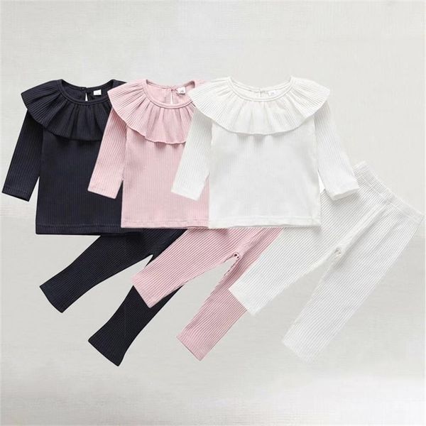 

spring autumn baby girls solid tracksuit cotton children clothing set ribbed ruffles blouse shirt+pants 4 color girls suit 201031, White