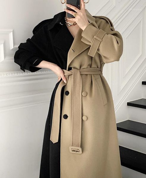 

superaen french retro style elegant color contrast patchwork lace up waist long woolen coat women1, Tan;black
