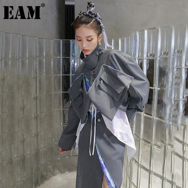 

eam] loose fit gray printed irregular big size jacket new lapel long sleeve women coat fashion tide autumn winter 2020 1dd0239, Black;brown