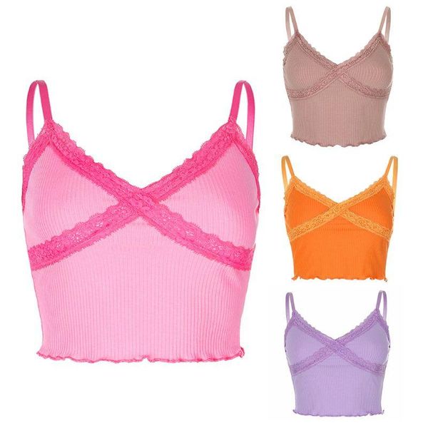 

women's tanks & camis women spaghetti strap ribbed crop v-neck cross lace ruffles vest, White