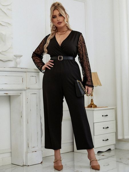 

plus surplice neck plant mesh sleeve jumpsuit without belt g0vo#, Black