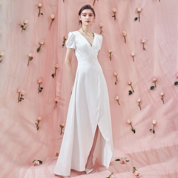 

2021 new *simple cetim decorate v short bride dressed novia robe mari e formal wedding dress 62lx, Blue;red