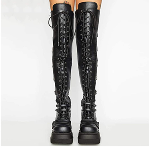 

2020 new arrival brand design female platform thigh high boots fashion buckle punk high heels botas women cosplay wedges shoes, Black