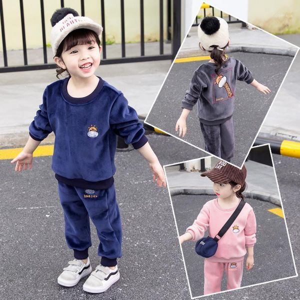 

clothing sets fashion girls outfits all match autumn and winter plus velvet soft children's sports suit simple cartoon casual wear1, White