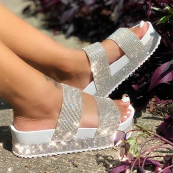 

luxury trend women rhinestone sandals platform wedge mid heel thick sole outdoor shiny crystal ladies female 2021 summer, Black