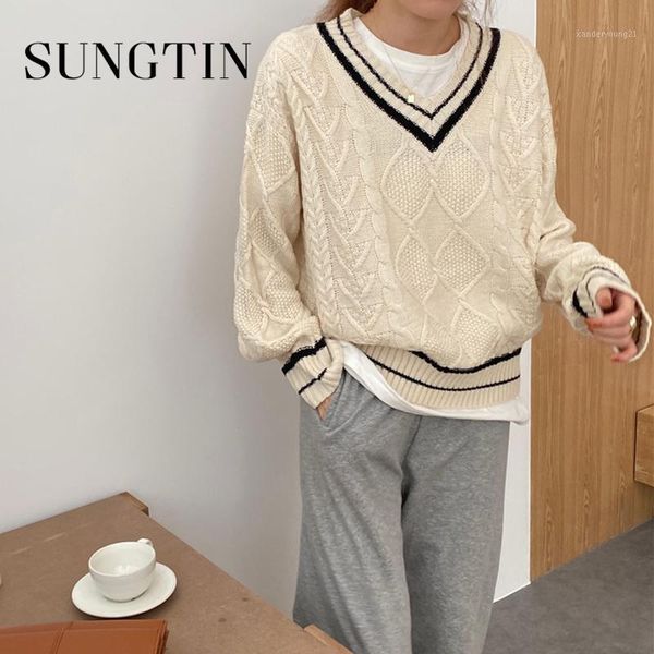 

women's sweaters sungtin vintage v neck pullovers women black twist knitted sweater casual warm solid loose jumpers korean chic preppy, White;black