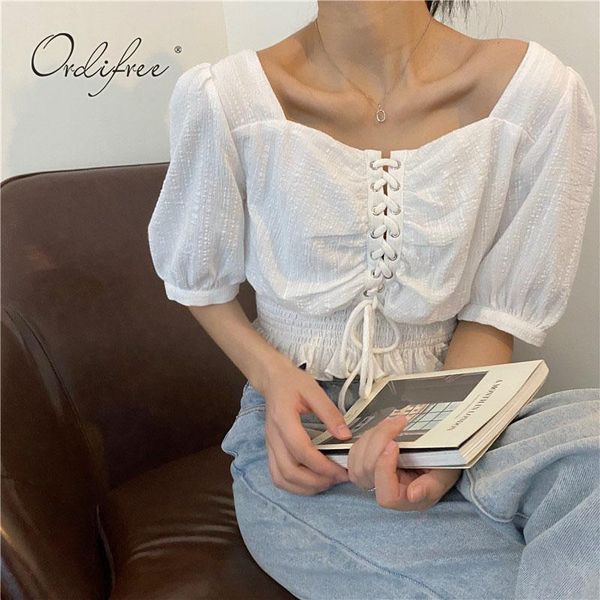 

ordi2021 summer women whte blouse shirt short sleeve lace up, White