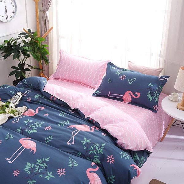 

cartoon pink flamingo bedding sets 3/4pcs geometric pattern bed linings duvet cover bed sheet pillowcases cover set