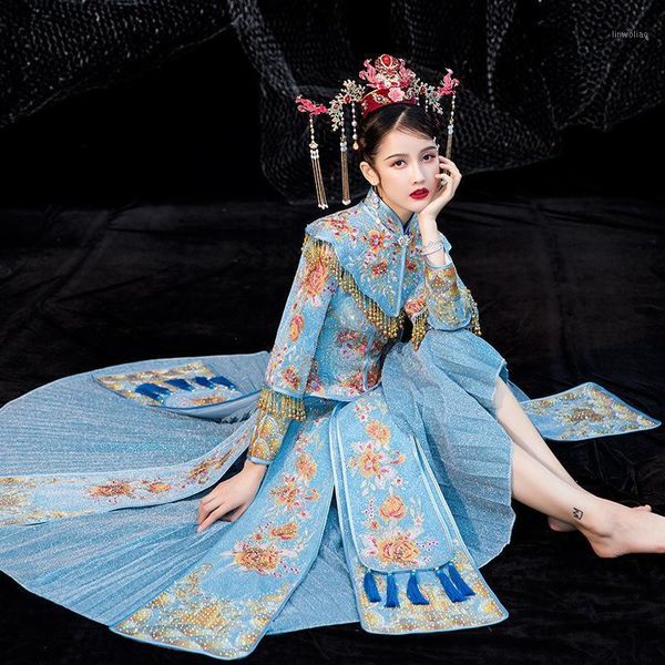

flower noble blue evening party gown vestidos vintage toast qipao 4xl traditional chinese women cheongsam bride wedding dress1, Red