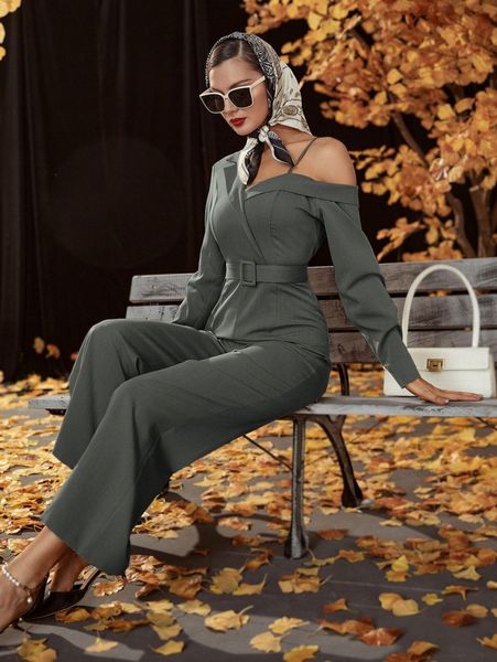 

asymmetrical neck belted jumpsuit e6jx#, White