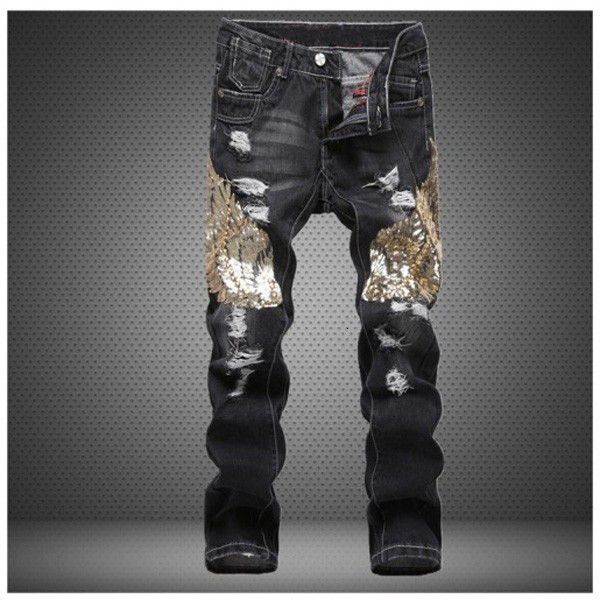 

2021 new men's male fashion eagle wing embroidered denim pants casual hole ripped jeans slim straight trousers hc3y, Blue