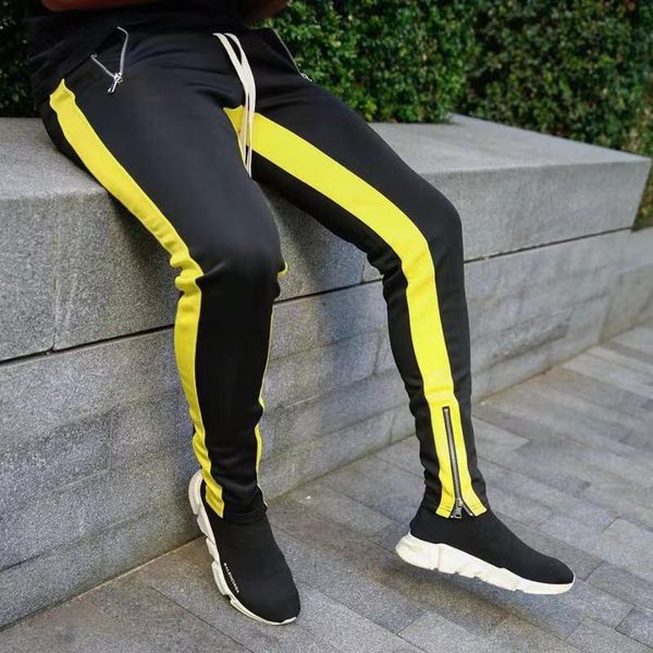 

fashion mens joggers zipper casual pants striped trouser fitness sweatpants streetwear leggings double pocket zipper sports pantalon homme, Black