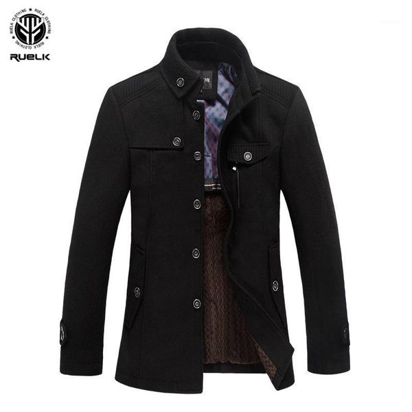 

ruelk autumn and winter new men's business casual woolen men's jacket plus velvet stand collar woolen coat windbreaker men, Black