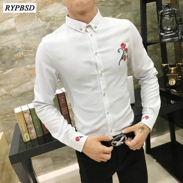 

men tuxedo shirt 2020 new fashion rose embroidery mens casual shirt slim fit long sleeve social shirts dress men -3xl1, White;black