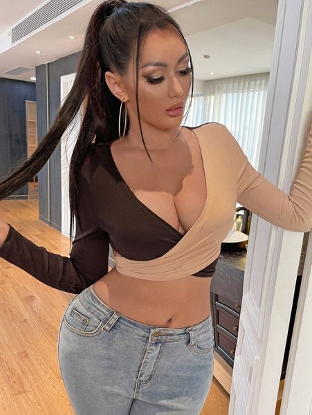 

sxy two tone criss cross front plunging neck tie back crop 69ym#, White