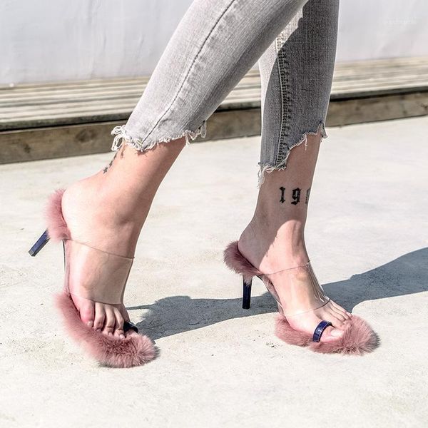 

slippers feather thin heels shoes women clip toe transparent real fur sandals flip flops sandals1, Black