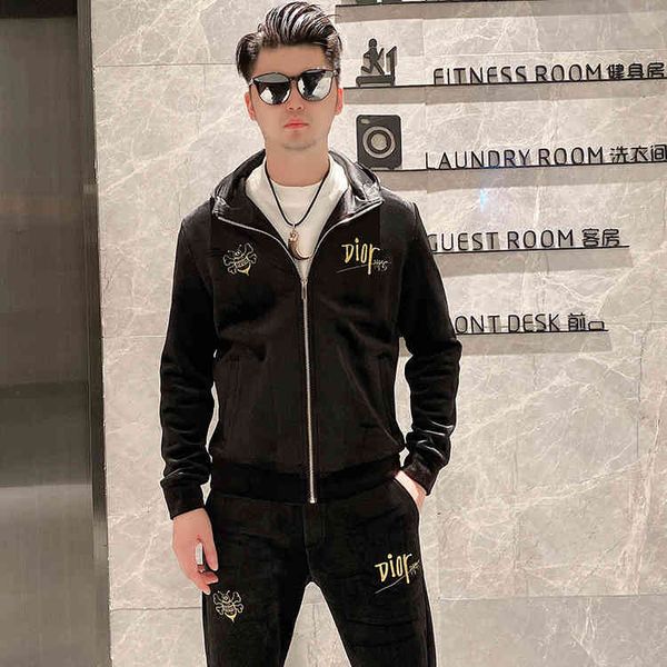 

men's tracksuits autumn and winter golden velvet sweater set two piece embroidered hooded plush men's sportswear mbl2, Gray