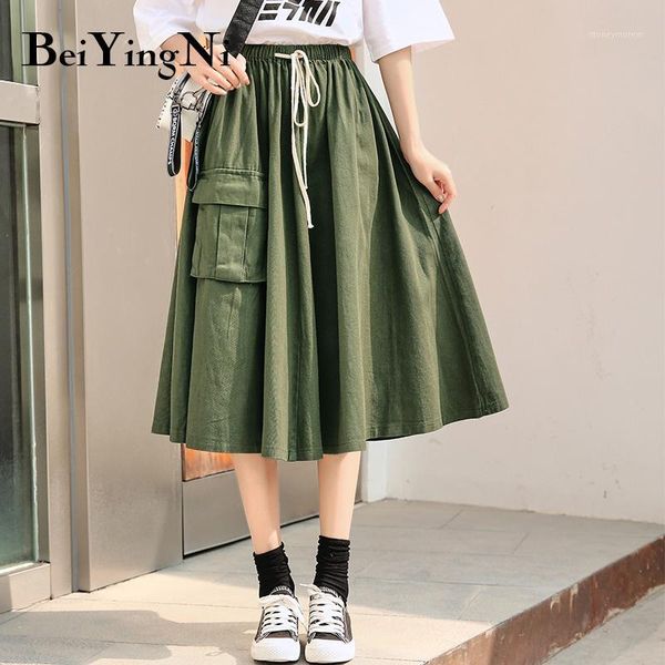

beiyingni cargo skirt women pockets drawstring vintage high waist midi skirt woman army green harajuku skirts plus size saias1, Black