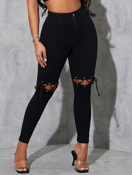 

sxy high waist lace up skinny jeans r4yc#, Blue