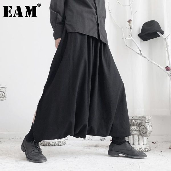 

eam] high elastic waist black split joint long wide leg trousers new loose fit pants women fashion spring autumn 2020 19a-a6881, Black;white
