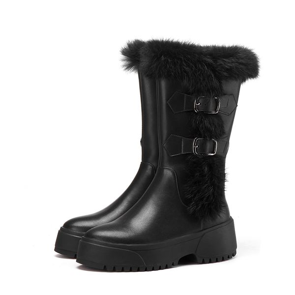 

cow + rabbit skin stuffed leather winter with side zipper boots nmo8, Black