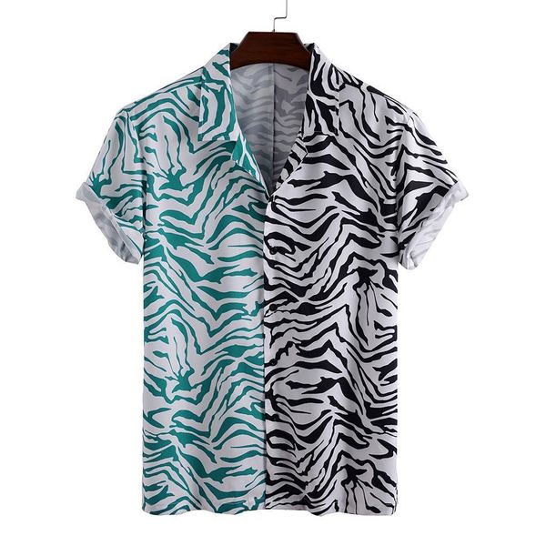 

men asymmetry leopard printed shirt summer turn-down collar short sleeve loose hawaiian shirt fashion beach shirts camisas, White;black