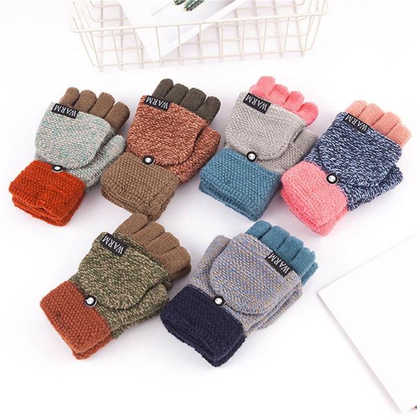 

1 pair winter knitted flip glovesfashion patchwork warm woolen flip gloves flocking half-finger gloves girl women gift, Blue;gray