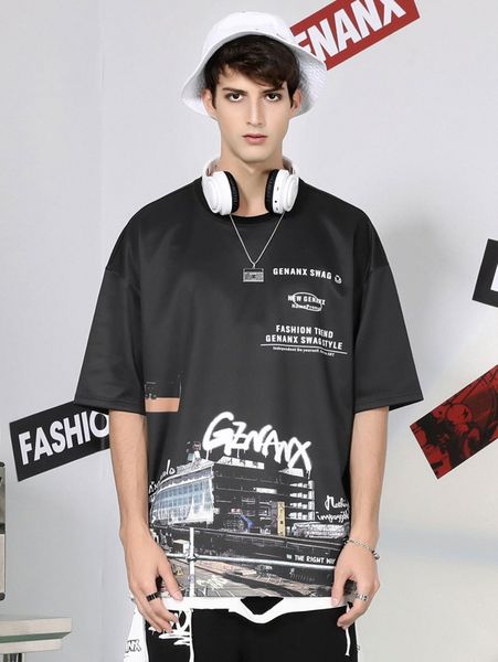 

men drop shoulder letter & graphic print tee 364l#, White;black