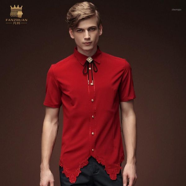 

fanzhuan new fashion personality male men's red shirt 15363 blouse irregular short sleeve embroidery slim in stock1, White;black