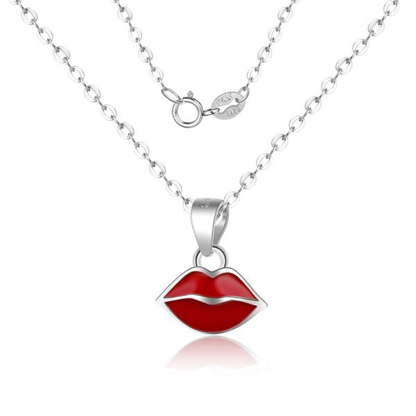 

100% 925 sterling silver red lip necklace small charm necklaces enamel lips jewellery sterling pendant neck lace