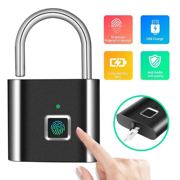 

smart lock security door keyless usb rechargeable fingerprint padlock for locker sports school zinc alloy metal(no key app lock)1